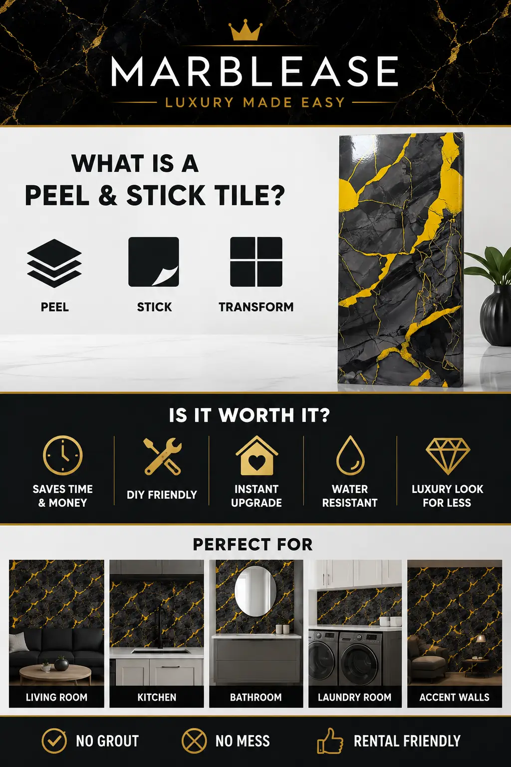 Obsidian Gold Peel & Stick Marble Wall Tile - Image 8
