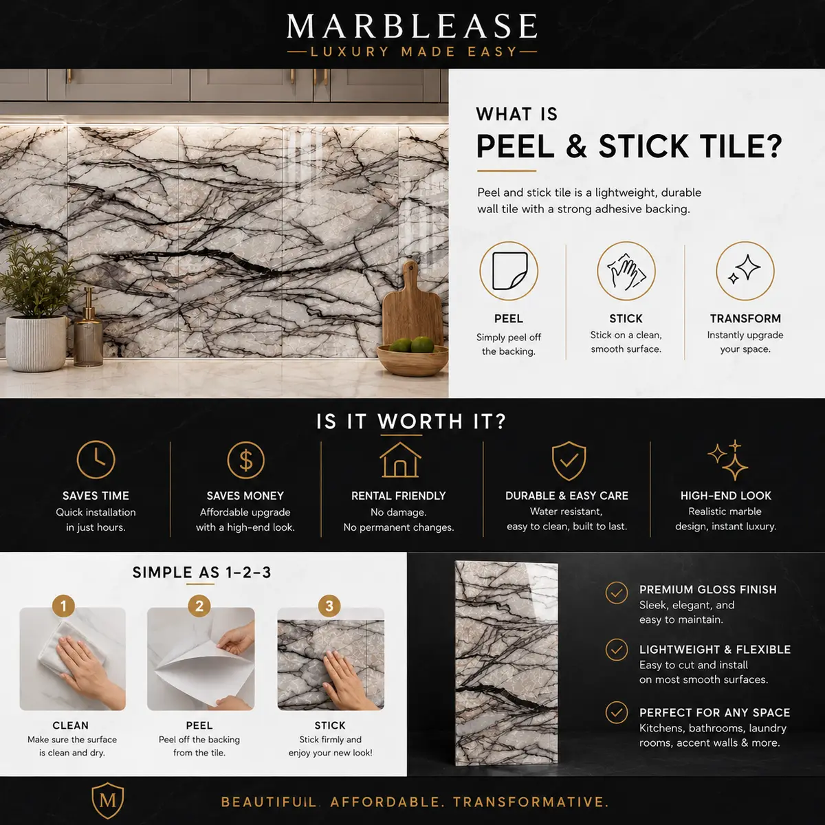 Montclair Gray Peel & Stick Marble Wall Tile - Image 8