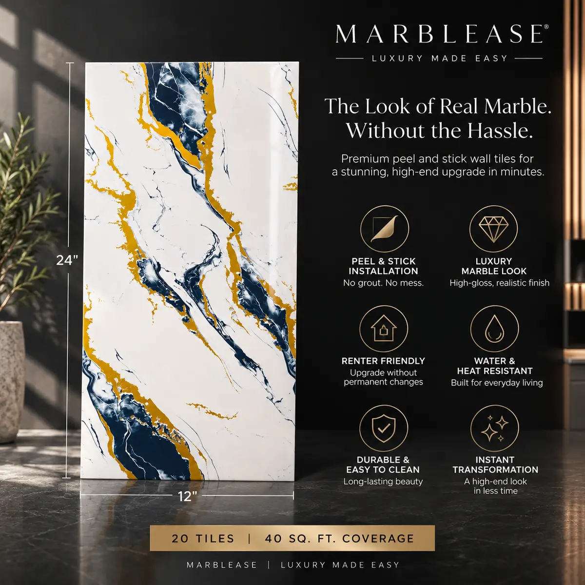 Sapphire Gold Peel & Stick Marble Wall Tile - Image 7