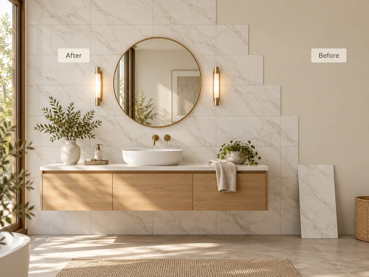 Bathroom vanity with a marble-look feature wall beside an unfinished wall section