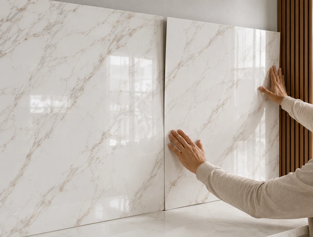 Hands positioning a white and gold marble-look panel against an interior wall